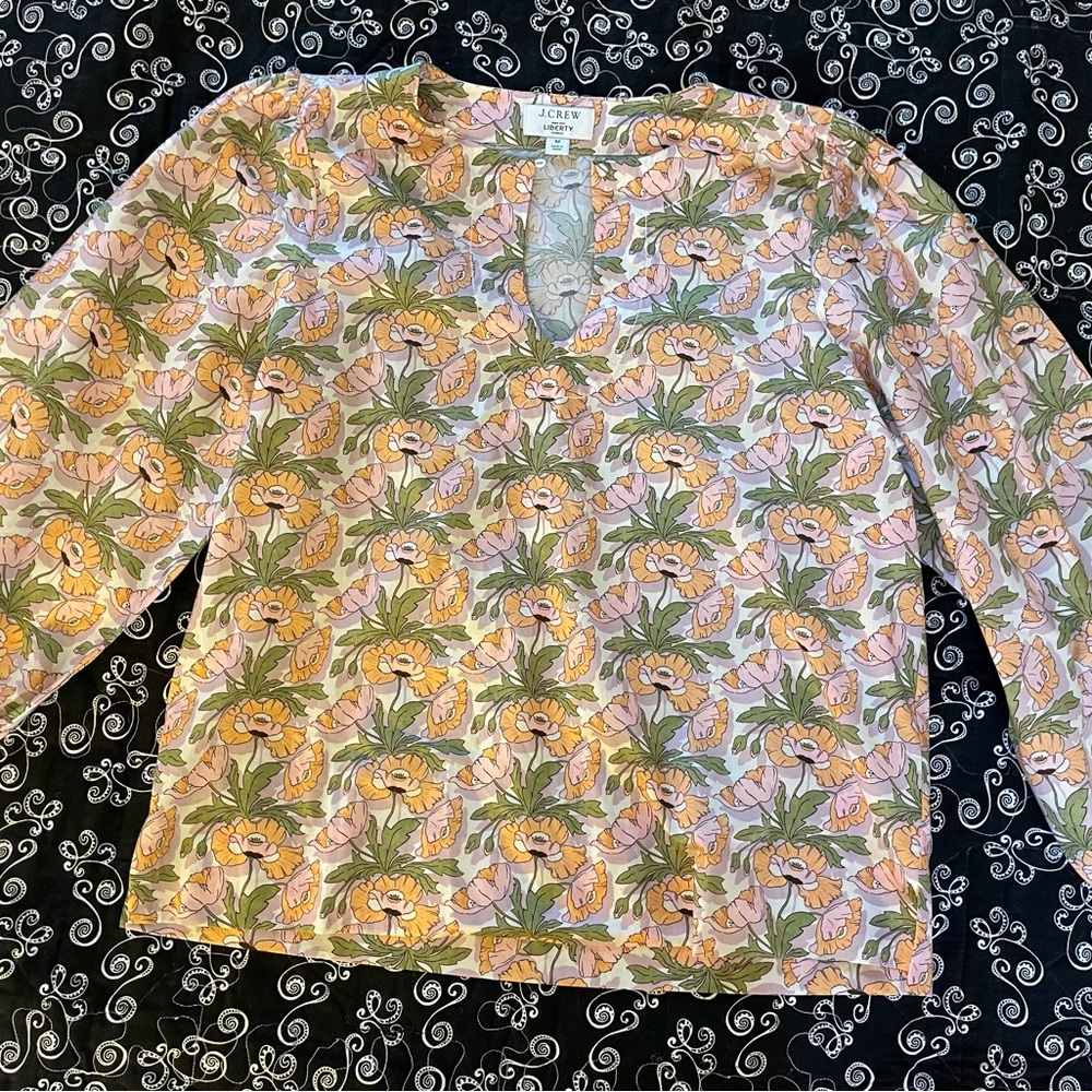 J Crew Liberty Cotton Poppy Print Popover Peasant Top, Size Medium. - Picture 2 of 9